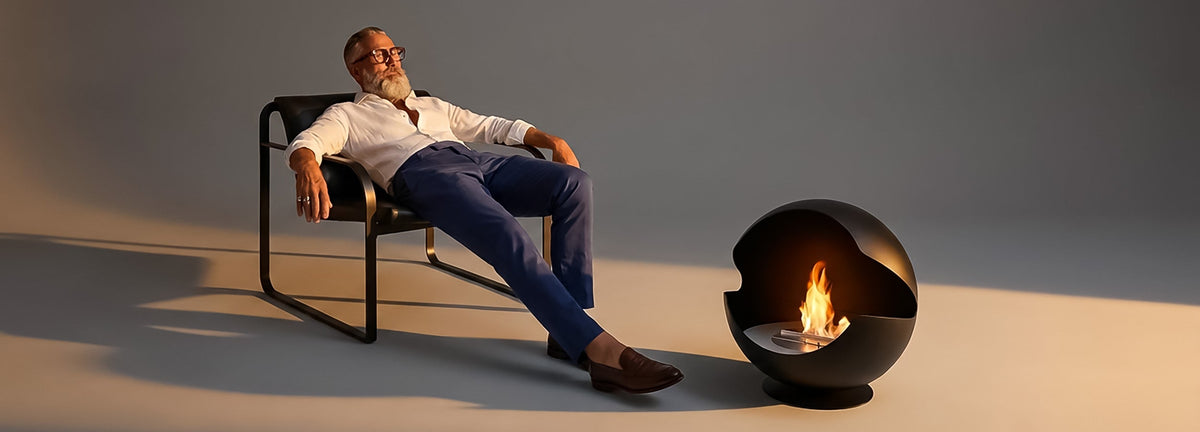 Person som sitter i en fåtölj bredvid en svart Vauni Globe på låg fot